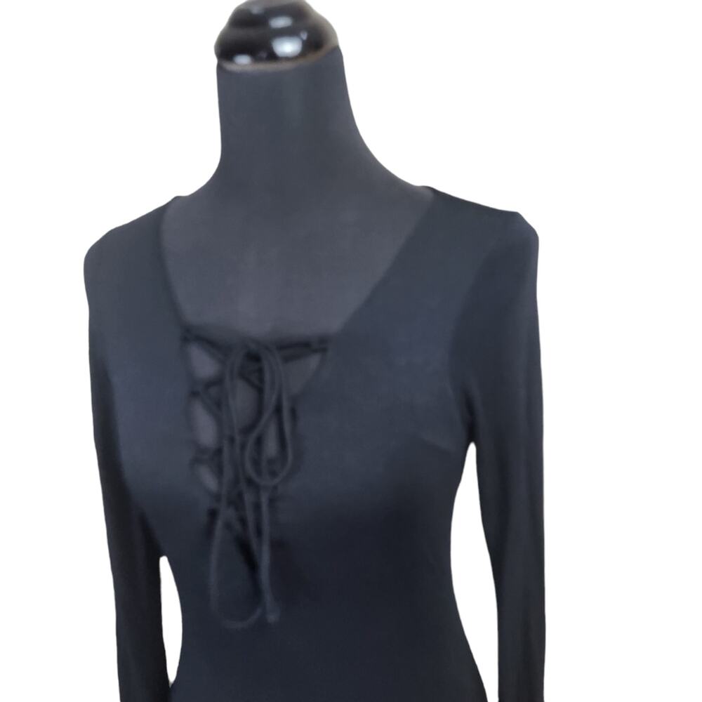 Lulu's Dress Size Large Lace Up Front Bodycon Long Sleeve Black Mini Dress - Picture 5 of 8